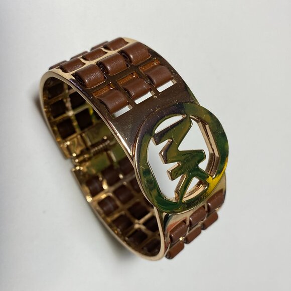 Michael Kors Hinged Gold Tone/Brown Leather Bracelet - Picture 3 of 3